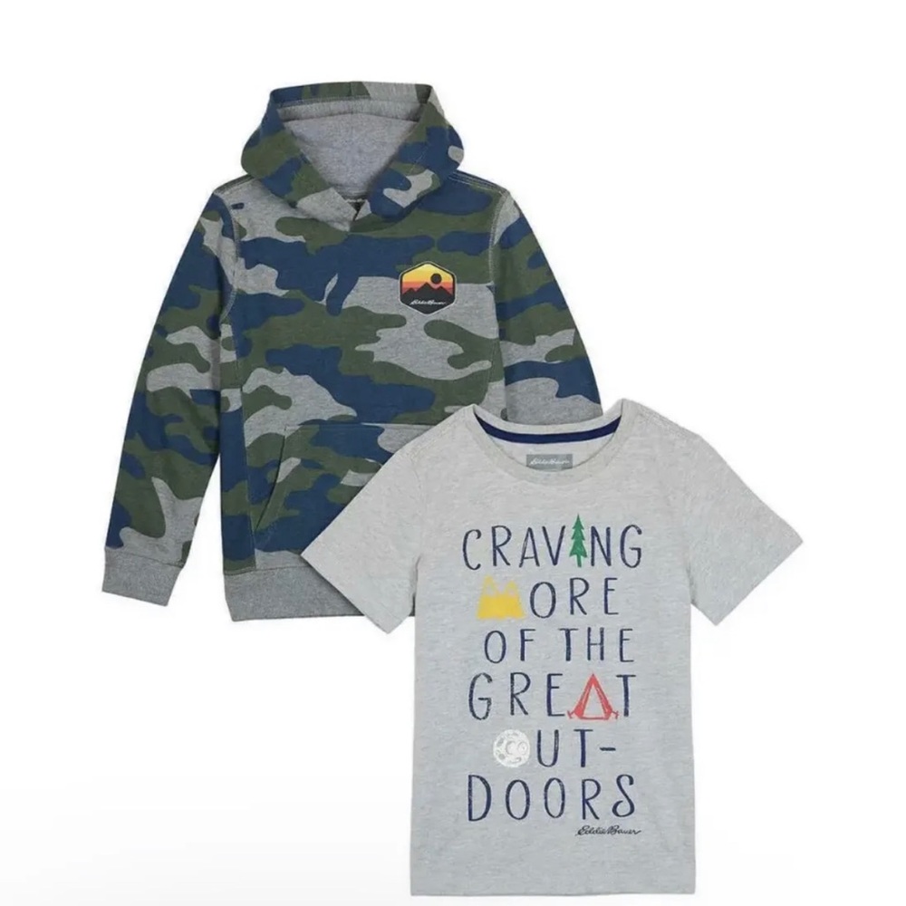 Eddie Bauer | Youth Boys Camo Grey Hoodie & Tee Shirt 2PC Set | Size L (14/16)